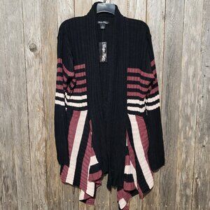 NEW Evelyn Taylor 1X Women's Cardigan Black Draped Open Front Ribbed Striped